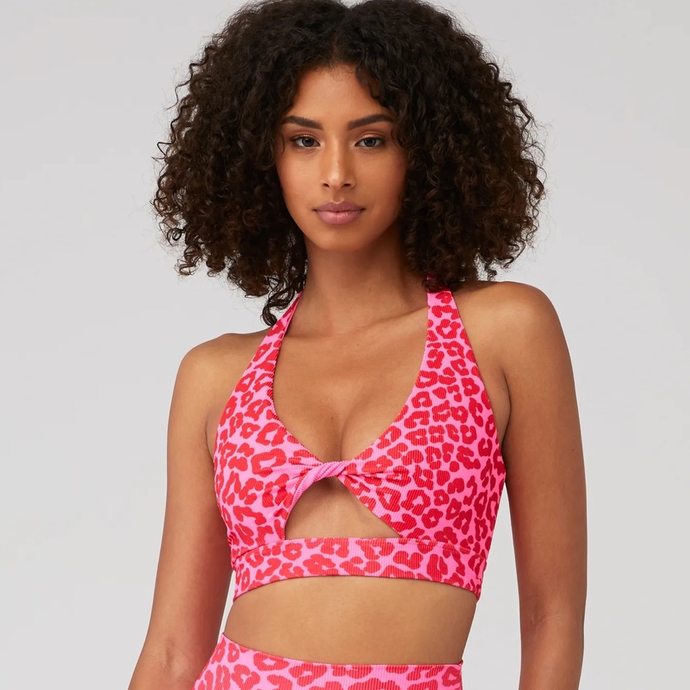 BEACH RIOT Sport Hot Pink Leopard Ribbed Twist Bra / Top Size Small